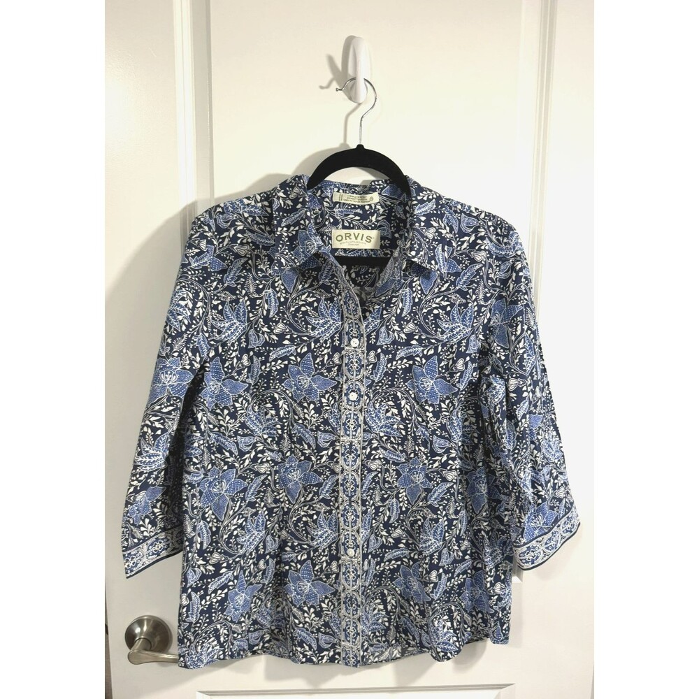 Orvis Women’s Size 14 Blue Floral Button Front Cotton Shirt 3/4 Sleeve